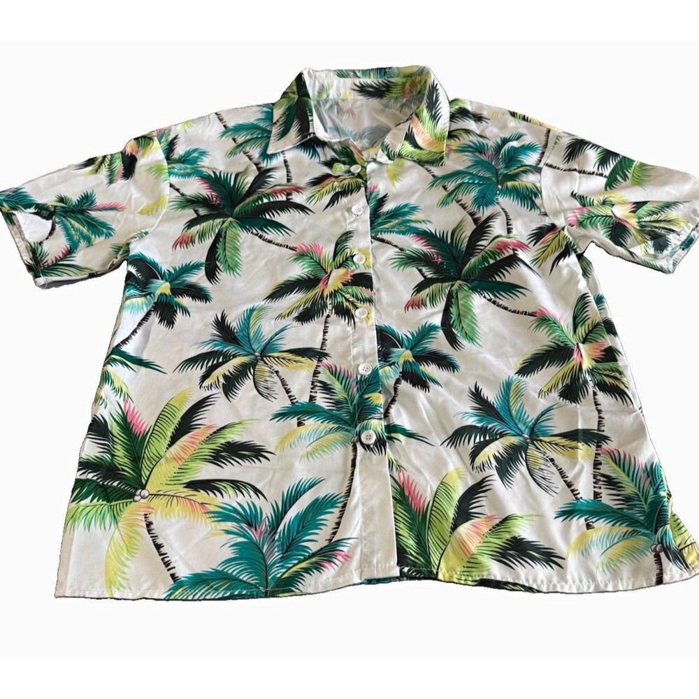 SHEIN White/Green/Blue Tropical Hawaiian Button-Up Short Sleeve Shirt Mens S